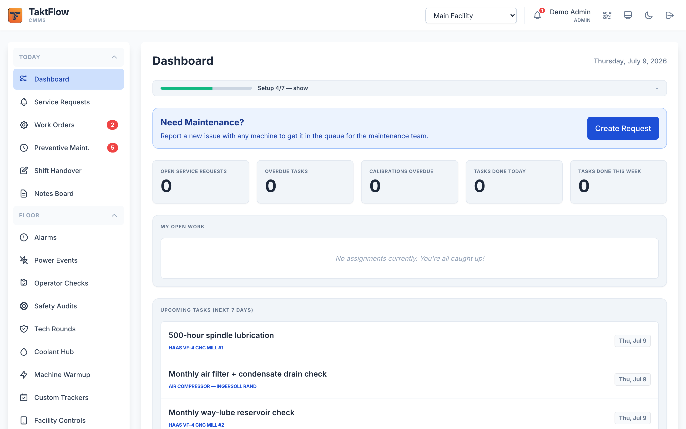 TaktFlow dashboard showing preventive maintenance, work orders, and upcoming tasks for a machine shop