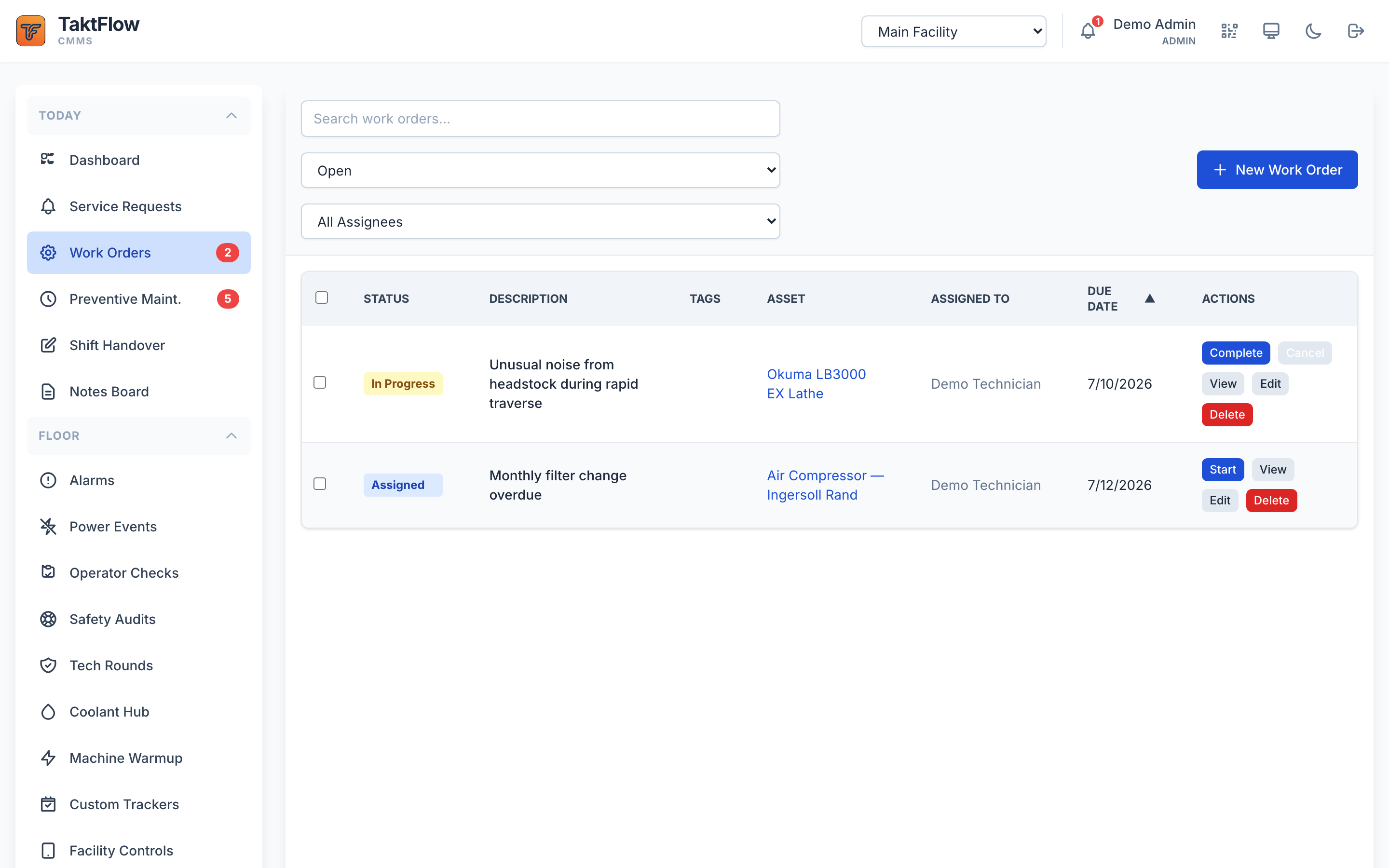 TaktFlow work order list showing status, asset, assignee, and due dates